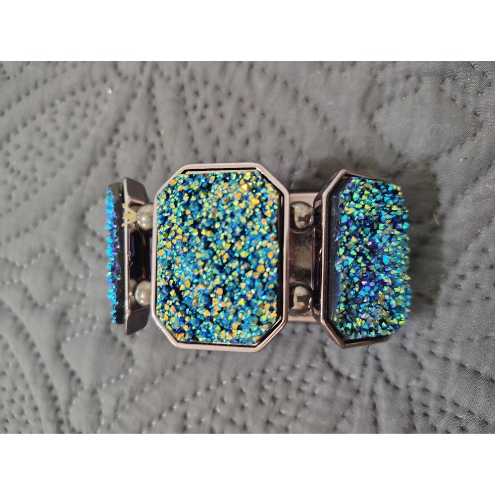 Iridescent Blue Green‎ Faux Druzy Stretch Bracelet Gunmetal Statement Jewelry